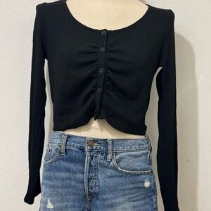 Black Ribbed Button-Up Women's Top
